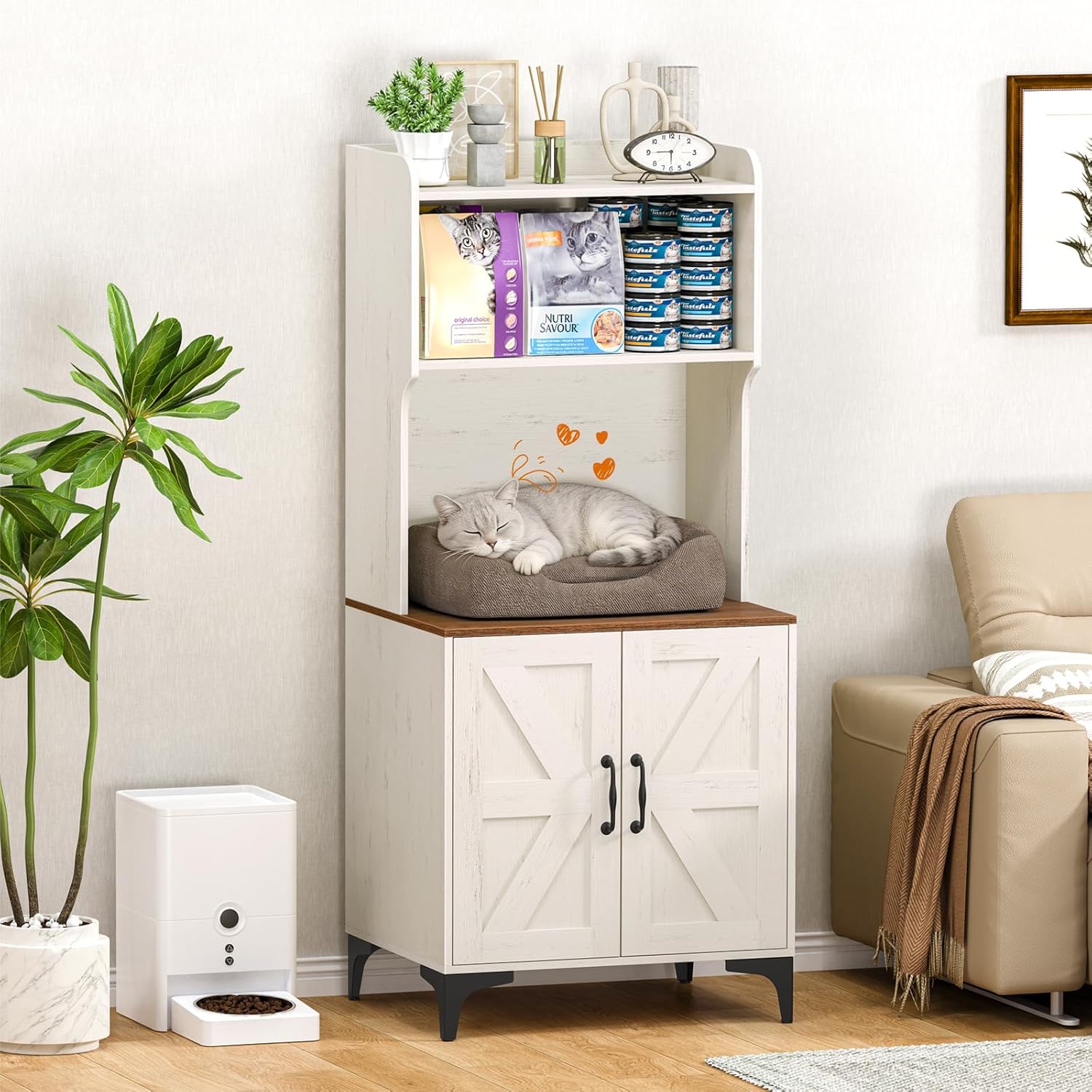 Snughome Cat Litter Box Enclosure with Storage Shelves, 2-in-1 Modern Cat Litter Box Enclosure Furniture Hidden, Wooden Cat Washroom Cat House with Metal Legs, Fit Most of Litter Box, White