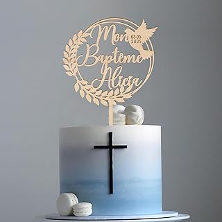 Mon Baptême Cake Topper Personnalisé avec Prénom et Colombe Décoration de Gâteau Baptême Communion Confirmation en Bois