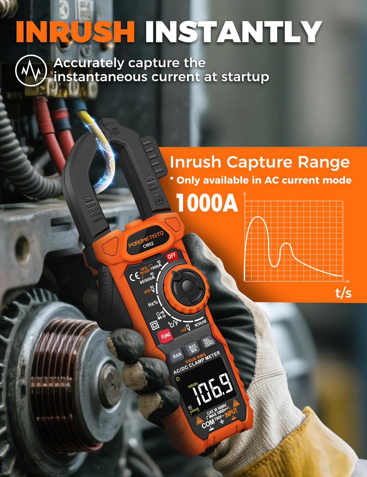Clamp Meter POROMETISTO Digital Inrush Clamp Multimeter 6000 Counts 1000A — Amazon image 4