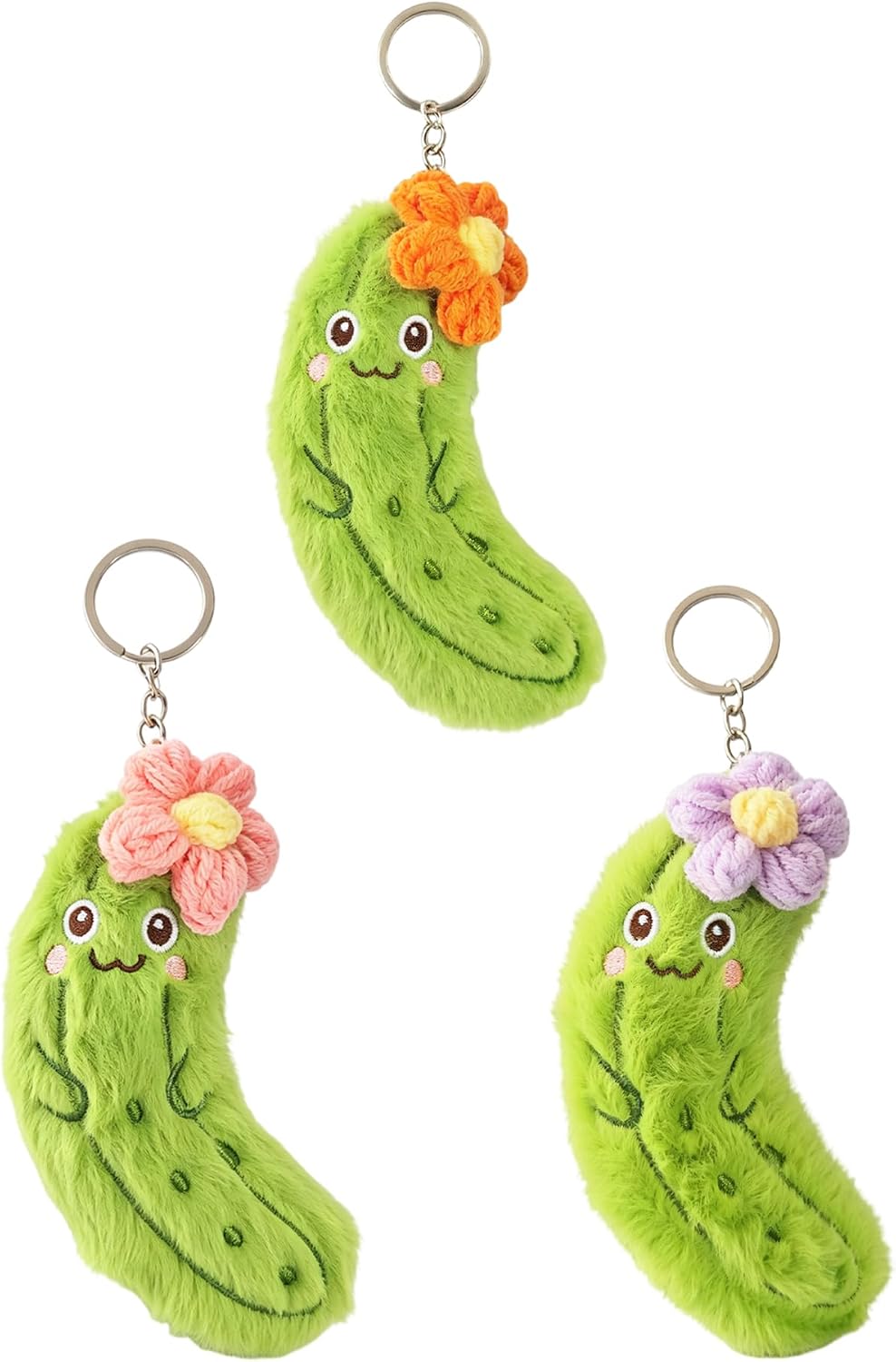 3 Pack Funny Plush Stuffed Cucumber Keychain With Crochet Flower
