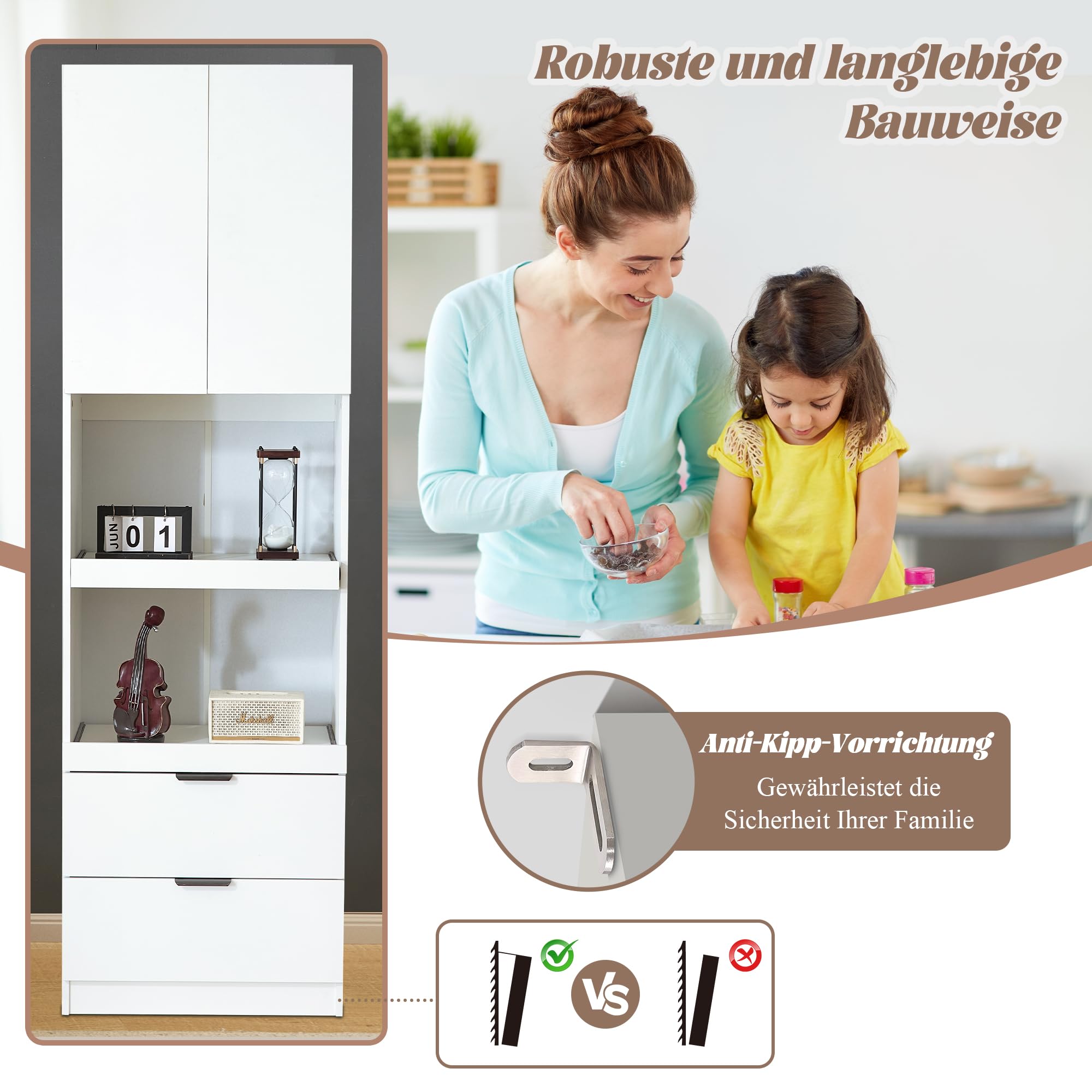 Szafki kuchenne 200 cm, wysokie szafki z 2 drzwiami, szufladami, regały do kuchenki mikrofalowej, wolnostojące, do jadalni, salonu, gabinetu, białe