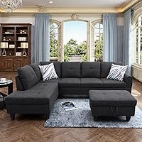 Vista 14 de Sofá seccional en forma de L con diván y otomana de almacenamiento, sofá modular convertible de 3 piezas para juegos de muebles de sala y Negro
