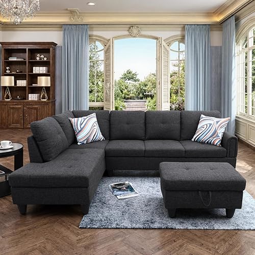 Miniatura 14 de Sofá seccional en forma de L con diván y otomana de almacenamiento, sofá modular convertible de 3 piezas para juegos de muebles de sala y negro