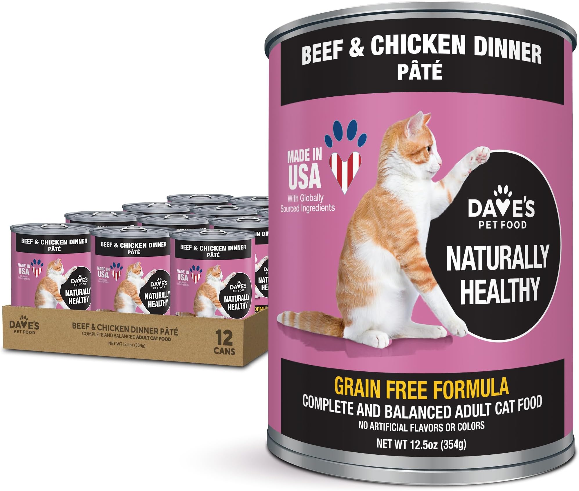 Grain Free Wet Cat Food Pate (Beef & Chicken), Made in USA Naturally Healthy Canned, 12.5 oz Cans (12 Pack)
