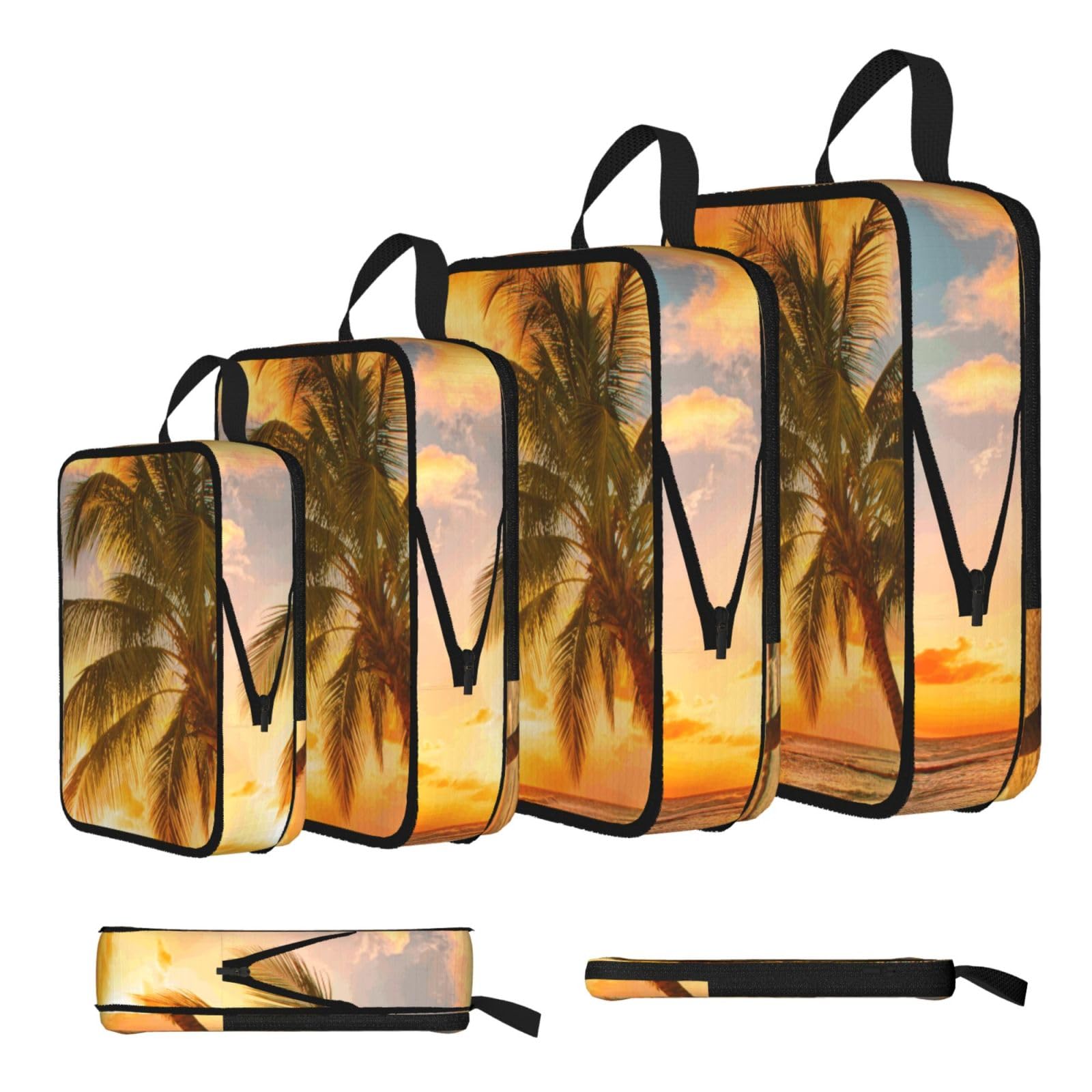 Esnaiuvcd Black Tropical Beach Palm Tree Sunset Print 4 Set Compression Packing Cubes For Suitcases,Expandable Storage Bags Organizers