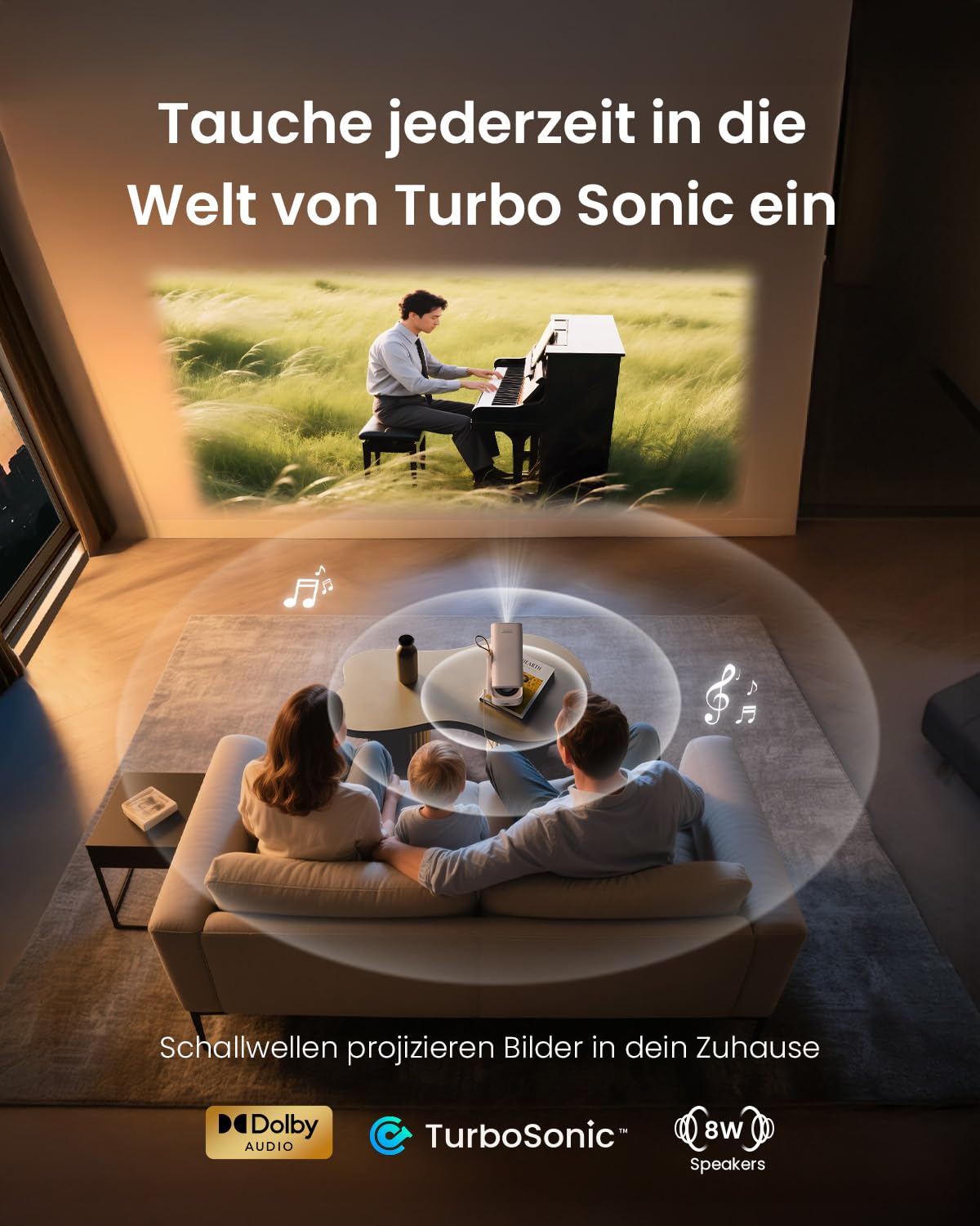 Yaber Mini Beamer【Turbo Sonic Bass & HDR 10】 T1 Pro Smart Beamer Heimkino Native 1080P, Bluetooth 5.4 und WiFi 6, Dolby Audio, Autofokus, Trapezkorrektur, 180° Drehbar Tragbarer Projektor