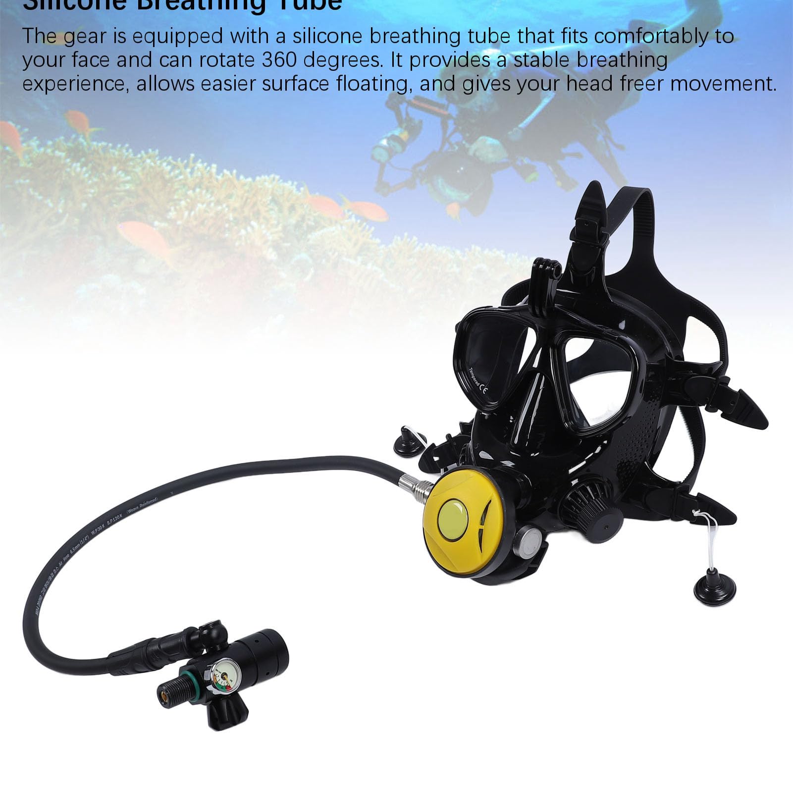 Wisoqu Scuba Tank Kit, 1L Capacity Portable Diving Tank, with Camera Mount, Silicone Breathing Tube, Full Face Dive Goggles for Travel and Snorkeling (Yellow)