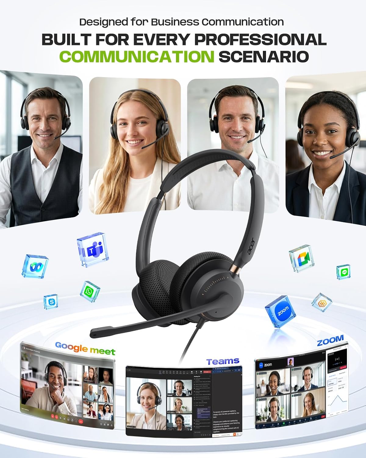 Acer Wired Headset with Mic, USB-A/C & 3.5MM Stereo Computer Headsets with Noise Cancelling Microphone for PC, Laptop, 7ft Cable in-Line Control