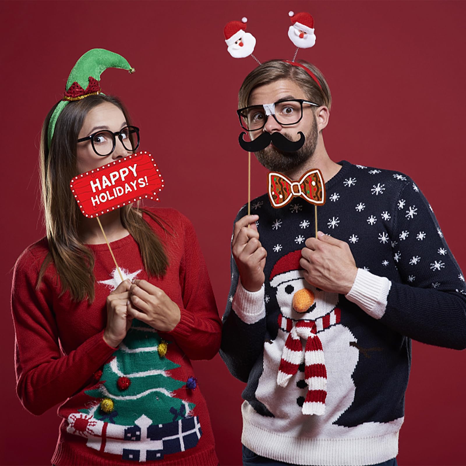 Kit Photobooth De Noël Avec Cadre Photo Gonflable Doré 73x63 Cm - 38 Accessoires Pour Photos De Famille Et Fêtes