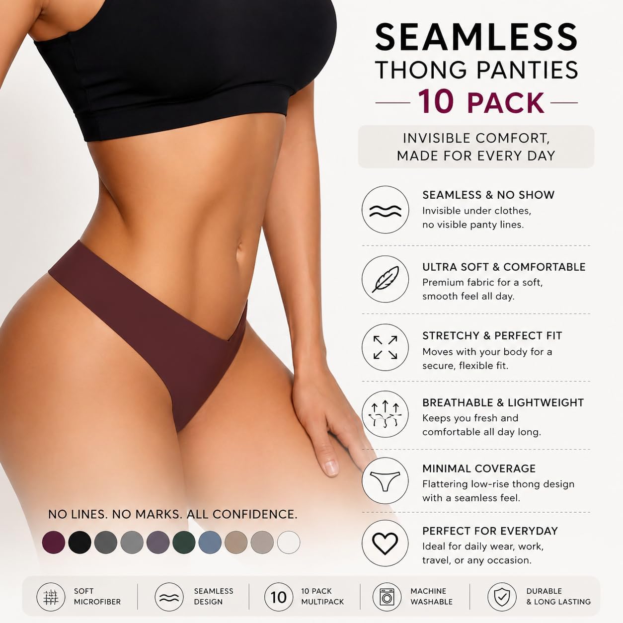 Seamless Thong Panties for Women (10 Pack)