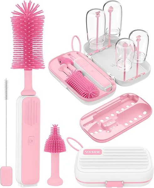 Electric Baby Bottle Brush Cleaner, Baby Travel Bottle Cleaner Kit- 2000mAh Rechargeable Silicone Brush, Drying Rack, Compact Storage Box, 360° Efficient Cleaning Bottle Brush for Home & On-The-Go