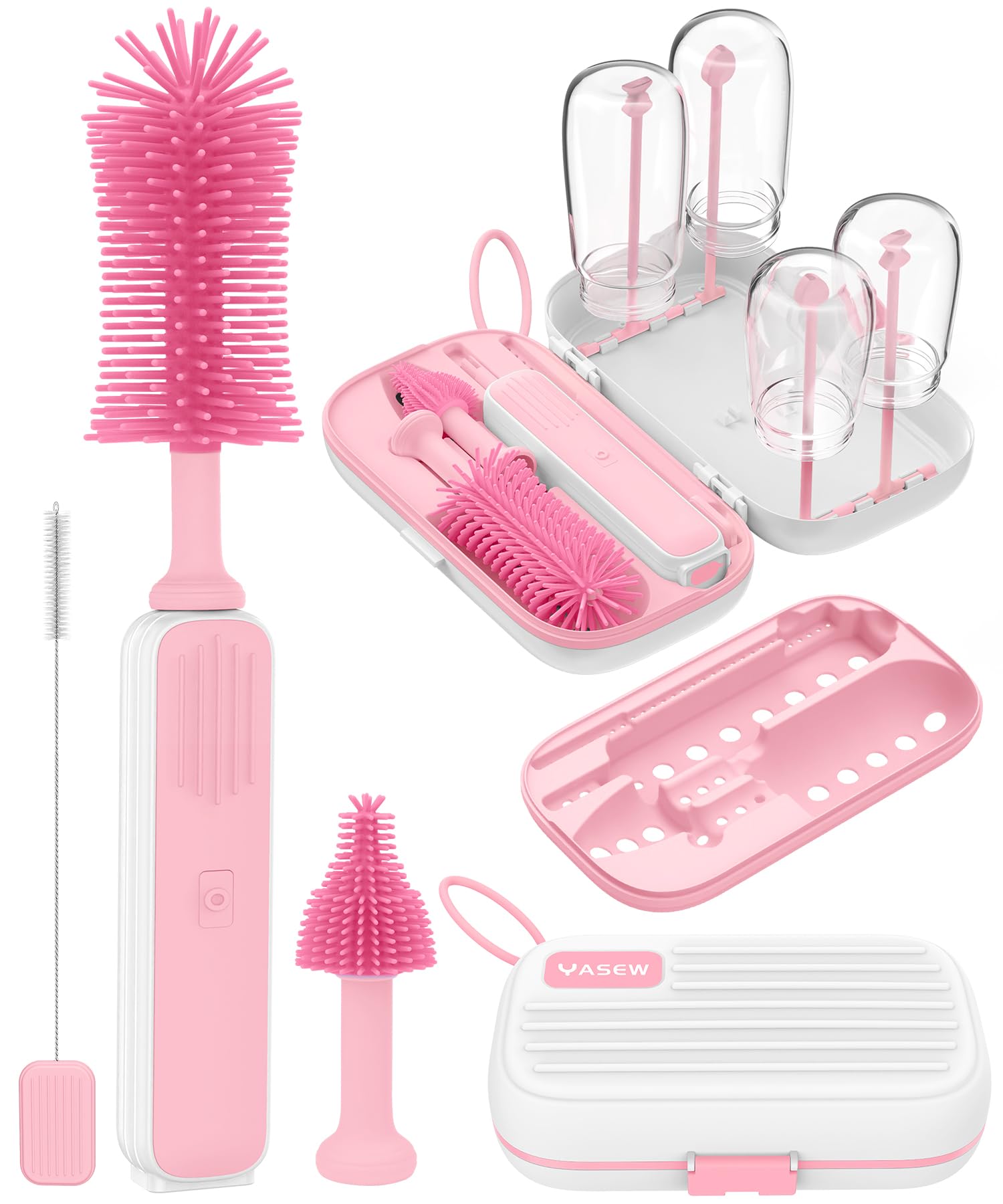 Electric Baby Bottle Brush Cleaner, Baby Travel Bottle Cleaner Kit- 2000mAh Rechargeable Silicone Brush, Drying Rack, Compact Storage Box, 360°