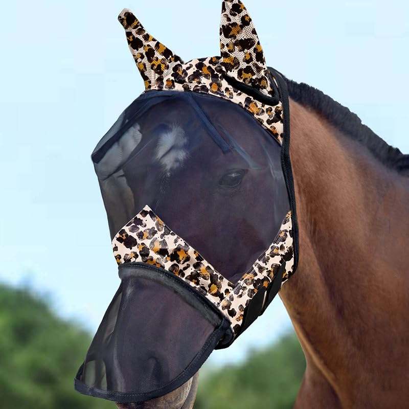Máscara contra moscas para cavalos Harrison Howard LumiVista com focinheira longa, orelhas e proteção UV, estampa leopardo, Full (Large)