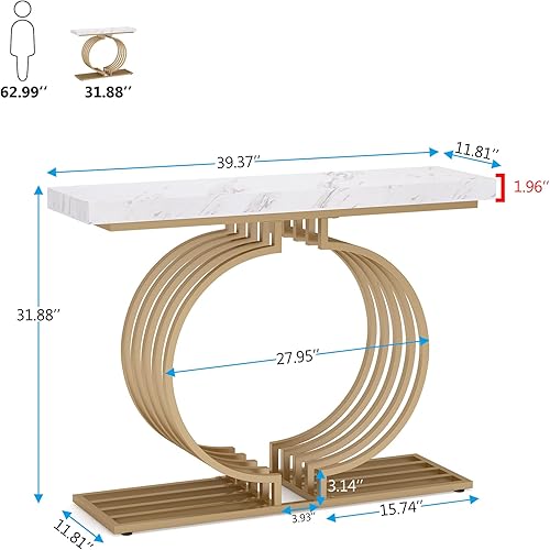 Miniatura 3 de Mesa consola dorada de 40 pulgadas, mesa geométrica para sofá, mesa decorativa moderna para sala de estar, entrada, pasillo, mármol sintético blanco