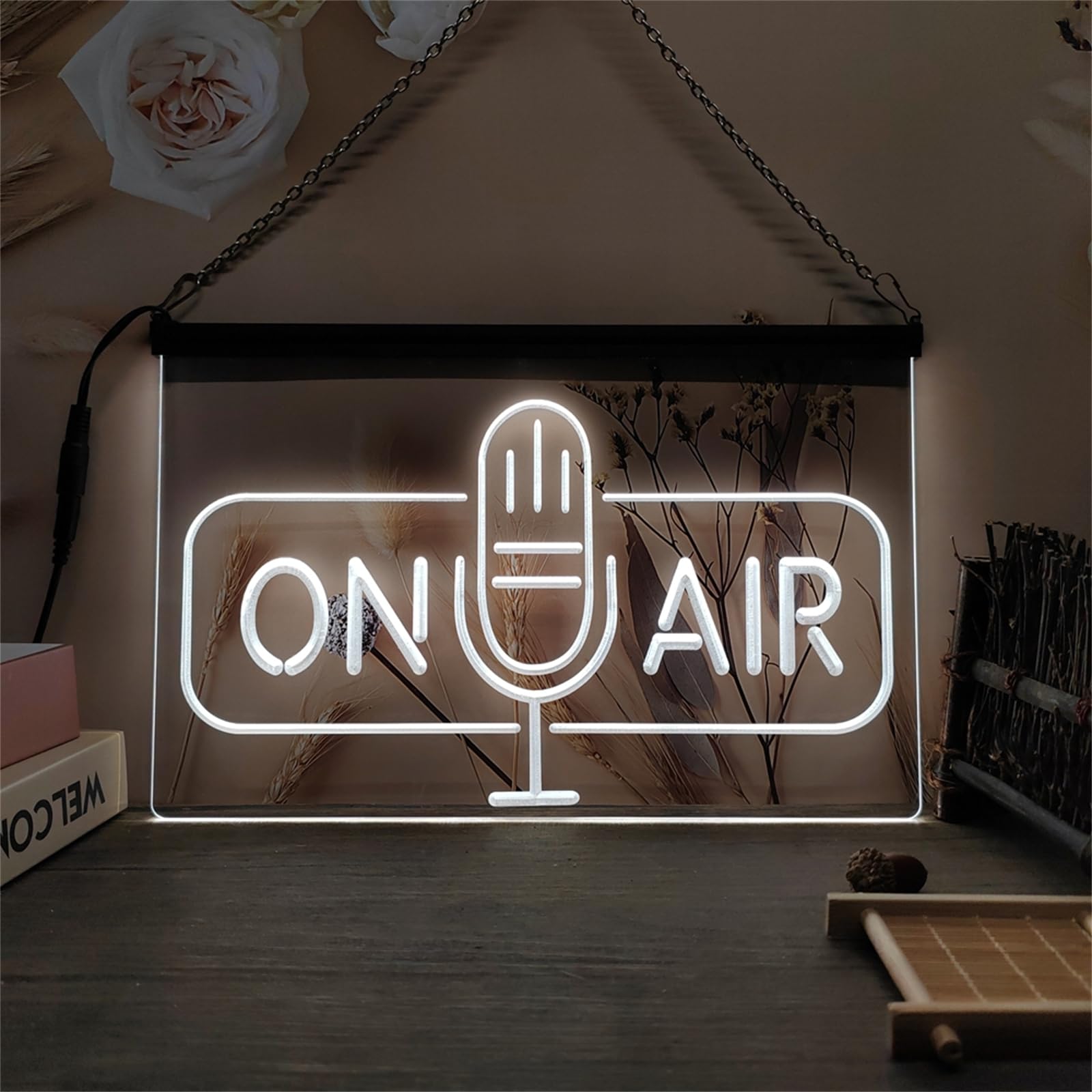 On Air Neonowy szyld do dekoracji ścian – ściemniane neonowe światła LED (zasilanie USB), idealny prezent dla streamerów i do studia nagraniowego,White,60x40cm