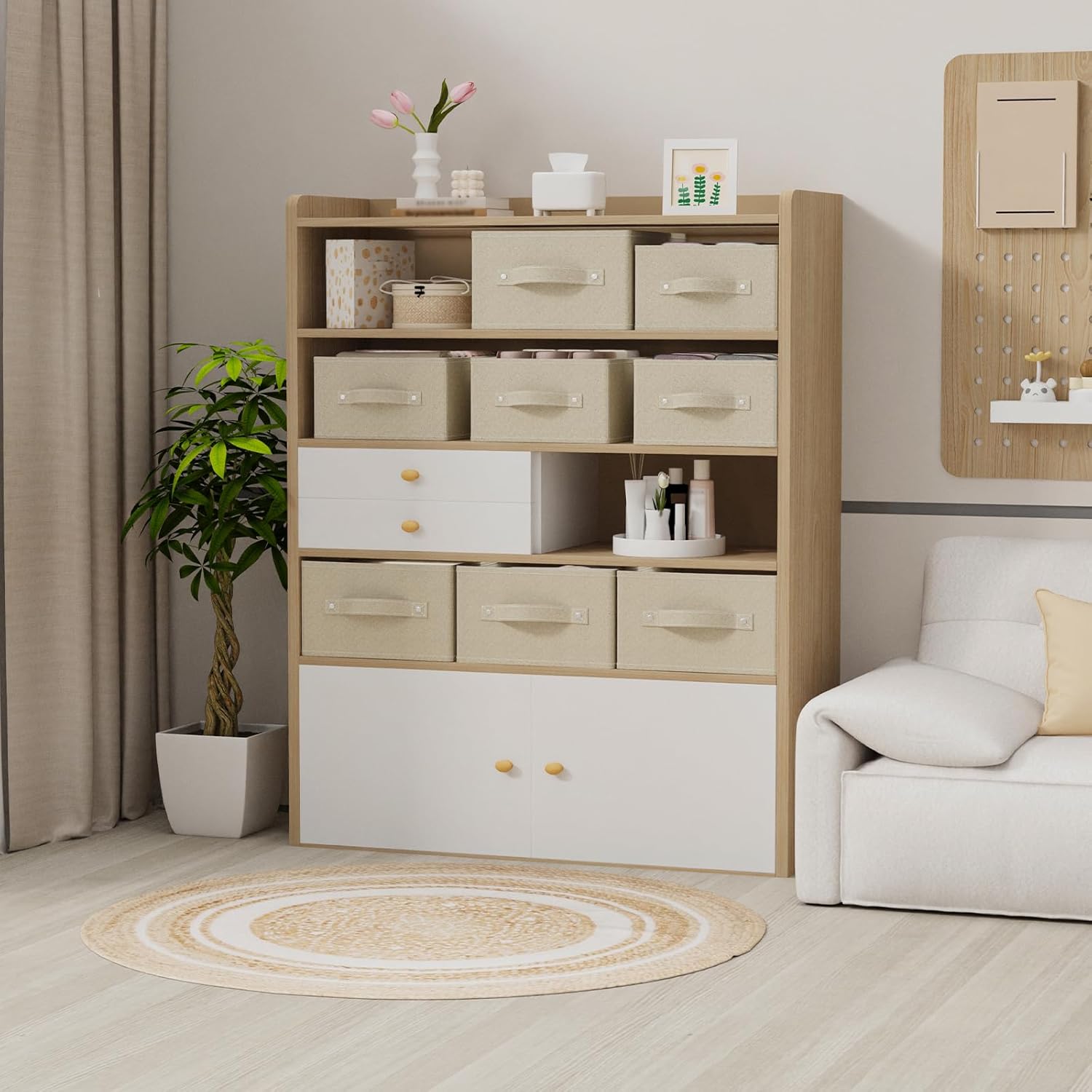 Collapsible Fabric Organizer Bins, Storage Boxes, Cloth Cube Baskets for Organizing Home, Office and Closet, Grey and Beige, 3 Pack, 16.1x9.8x6.4in