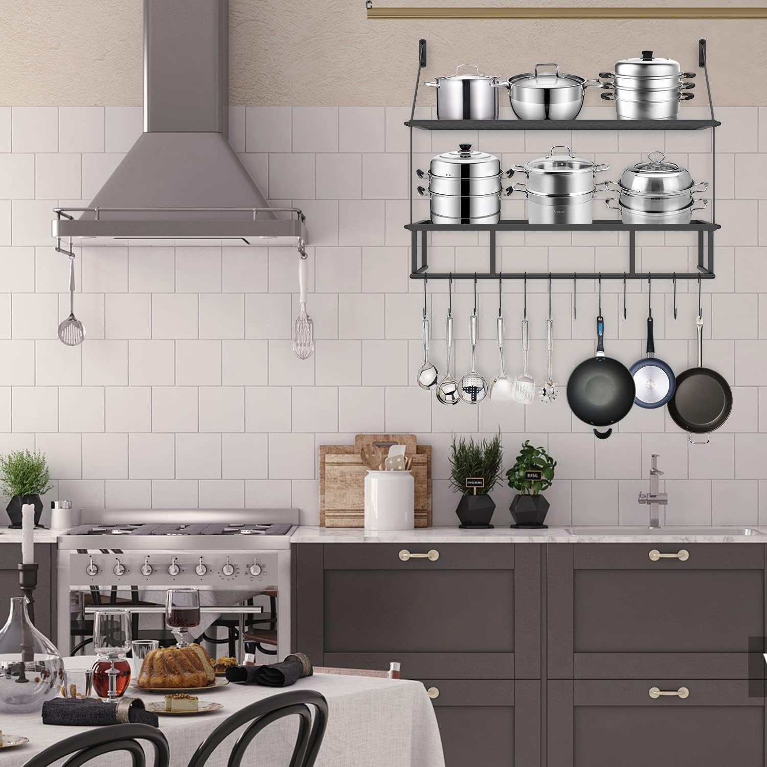 30-Inch Kitchen Pot Racks and Shelves with 12 S-Hooks, 2 Tier Wall Mounted Pots and Pans Rack for Kitchen Storage, 60-70 Lb Mounted Hanging Rack for Home & Restaurants Utensils Cookware : Home & Kitchen
