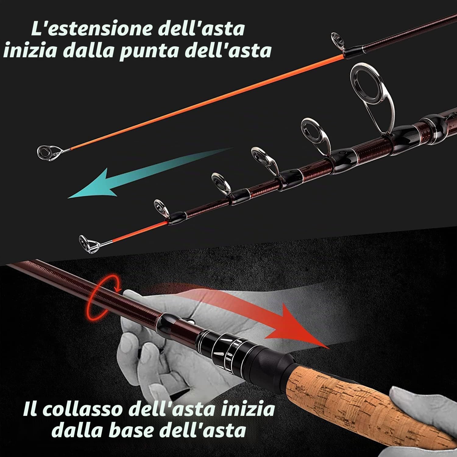 EOW Xpedite - Canna da pesca telescopica portatile, 24 denti in carbonio e punta in carbonio solido, manico in sughero, canna da viaggio, leggera e corta
