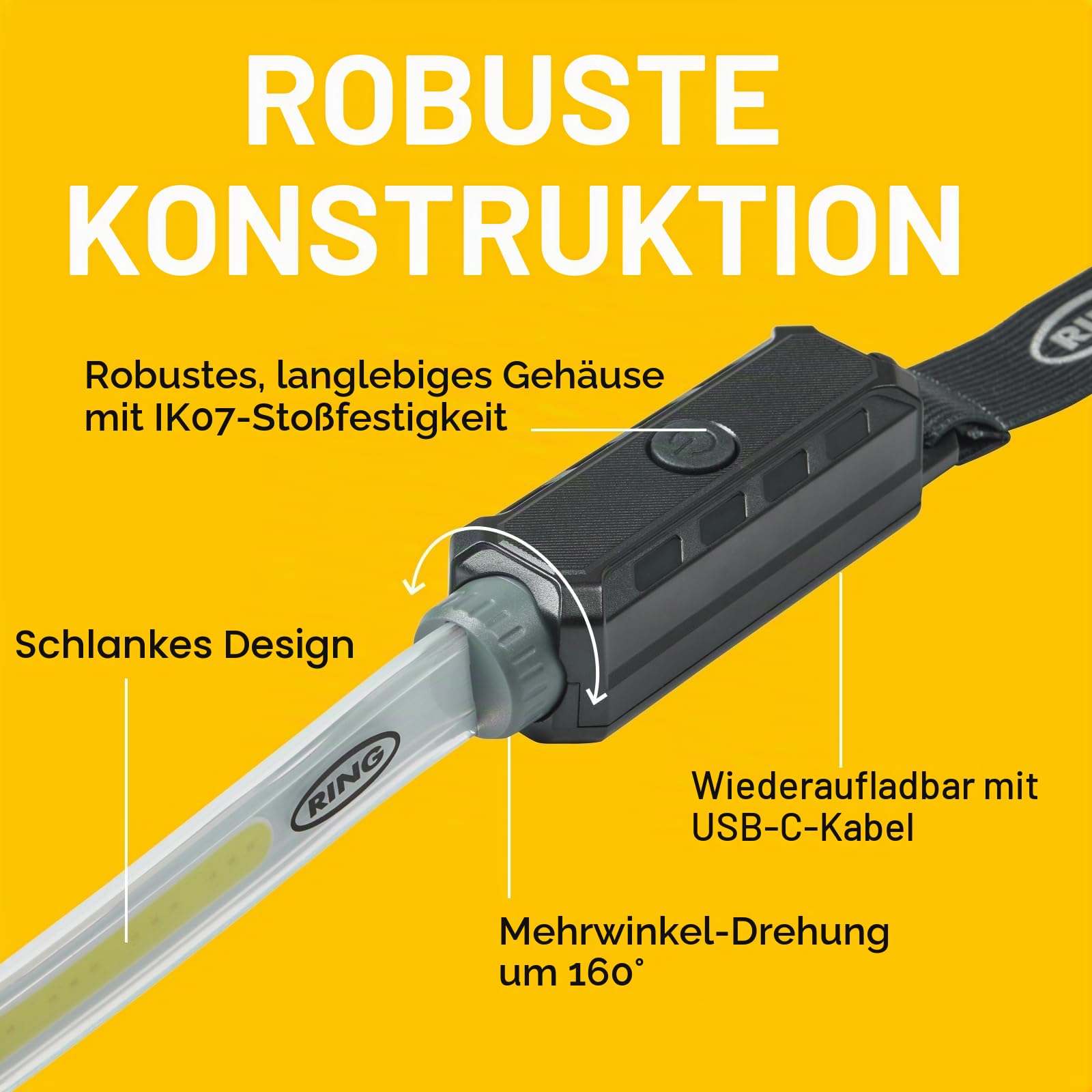 Ring Automotive RUBL1500 Wiederaufladbare 1000 Lumen Flexible Arbeitsleuchte unter der Motorhaube mit magnetischer Halterung, USB-C Laden, 3 Lichtmodi, Notfall-Blitzmodus, Schwarz