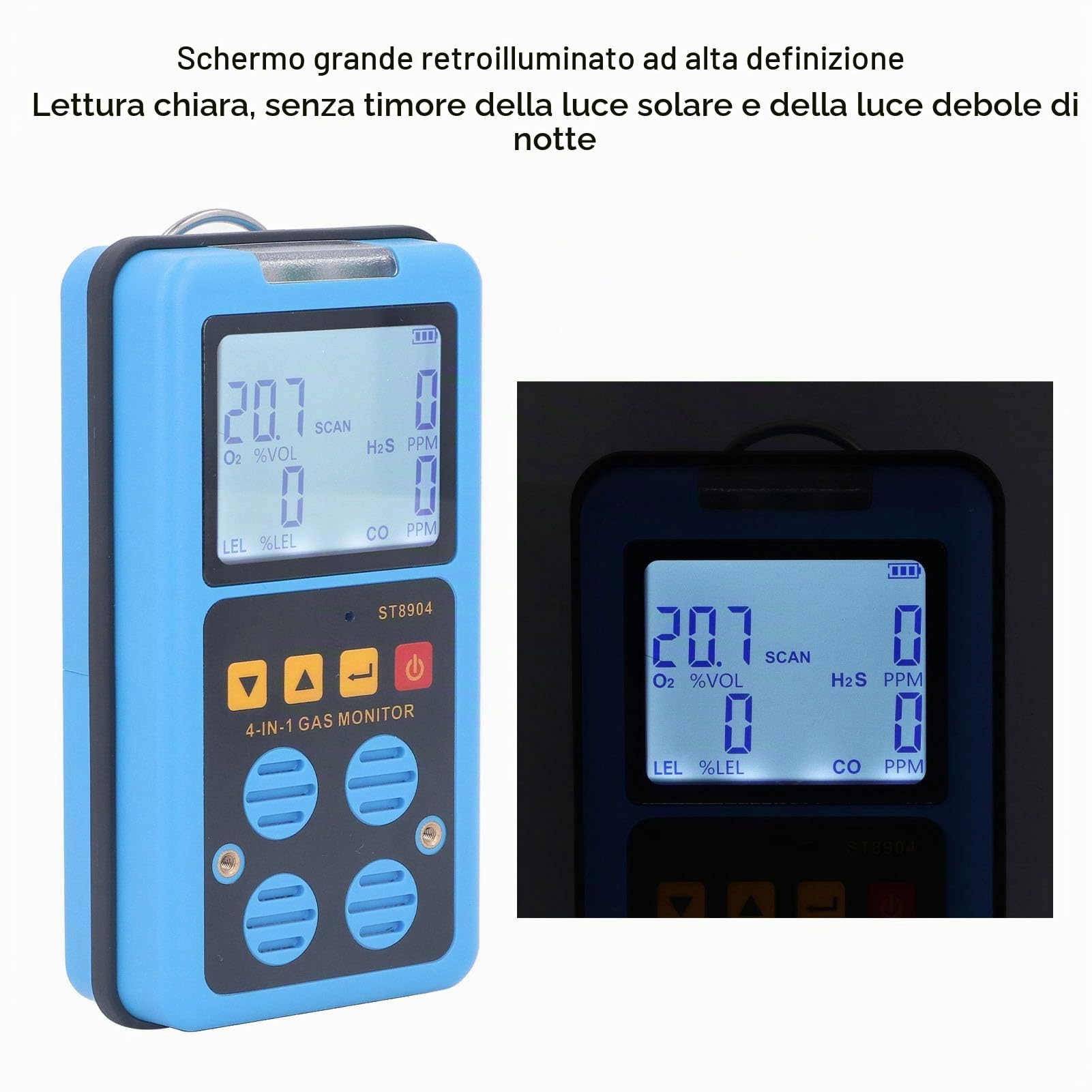 Rilevatore Gas 4 in 1 Portatile, Monitor Multigas CO H2S O2 CH4, Alta Sensibilità con Display Retroilluminato, Allarme Sonoro/Vibrazione/Luce, Ricaricabile USB per Industria e Laboratorio