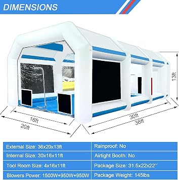 Inflatable Paint Booth 36x20x13Ft with Three Blowers for Trucks and Other Big Items Painting, Inflatable Spray Paint Booth with High Efficient Upgraded Air Exchange System