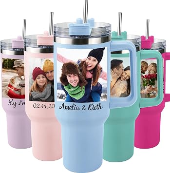 Elemtansy Ships Next Day Custom 40oz Tumbler with Picture&Name, Personalized Tumbler with Handle, Personalized Gifts for Women Men Birthday Anniversary Christmas Wedding Gifts
