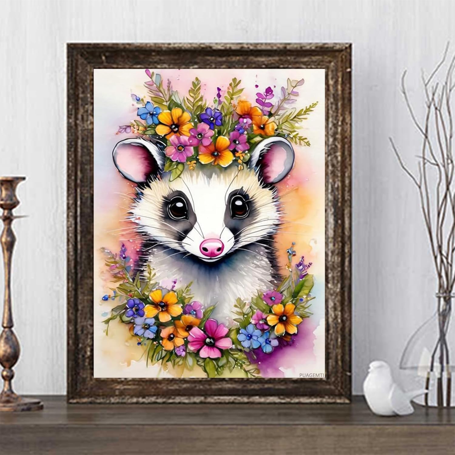 PUAGEMTI Diamond Painting Kits for Adult, DIY 5D Oil Art Diamond Art Kits, Animals with Garlands Full Drill Round Crystal Virginia Opossum Diamond Dots Art Crafts for Home Wall Decor 12x16inch