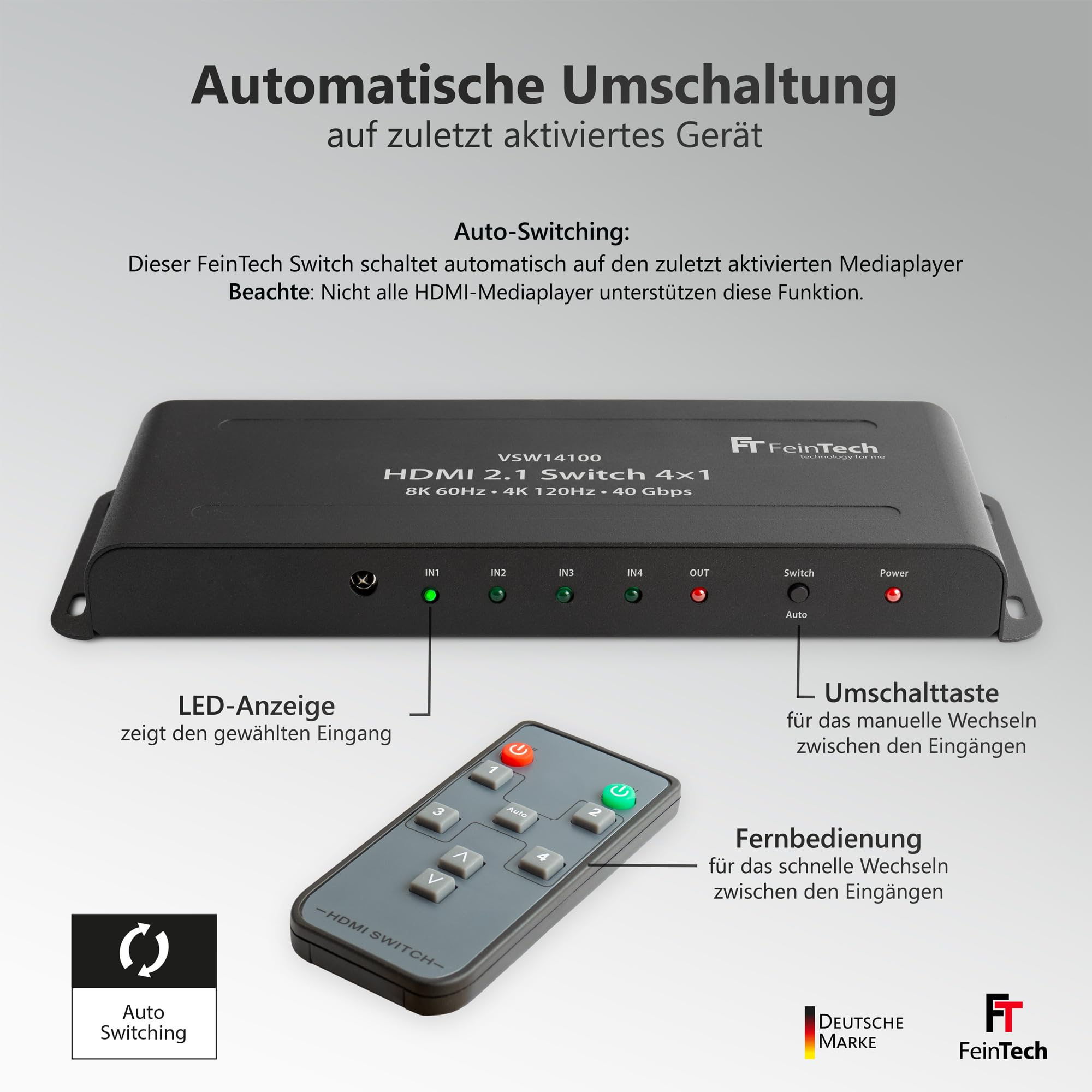 FeinTech VSW14100 HDMI 2.1 Switch 4K 120Hz Ultra-HD 4x1 Umschalter automatisch 8K 4 in 1 Out für Xbox PS5 TV Monitor HDR VRR
