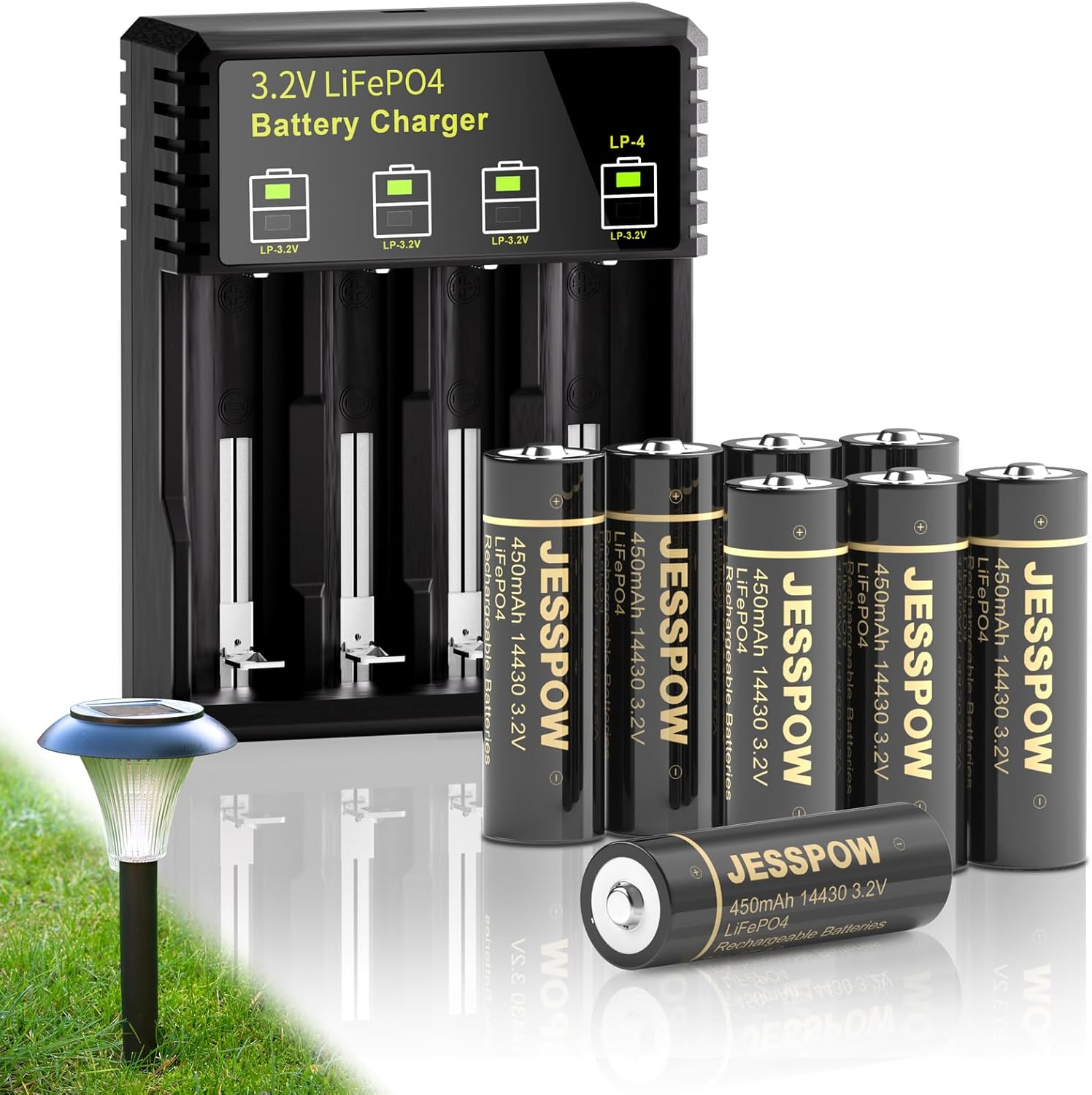 14430 3.2 Volt Rechargeable Photo voltaic Battery with Charger, JESSPOW Rechargeable LiFePo4 Batteries [ 450mAh 3.2V 8Pack ] for Outside Backyard Gentle, Photo voltaic Panel Gentle, Shaver, Flashlight (NOT AA Battery)