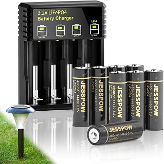 14430 3.2 Volt Rechargeable Solar Battery with Charger, JESSPOW Rechargeable LiFePo4 Batteries [ 450mAh 3.2V 8Pack ] for Outdoor Garden Light, Solar Panel Light, Shaver, Flashlight (NOT AA Battery)