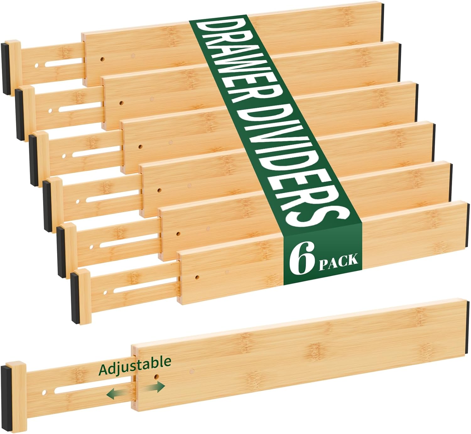 Dunruz 4 Pack Bamboo Drawer Dividers 2.6" High,Adjustable Spring Loaded Clothes Drawer Organizers for Kitchen, Dresser, Bathroom, Bedroom and Office