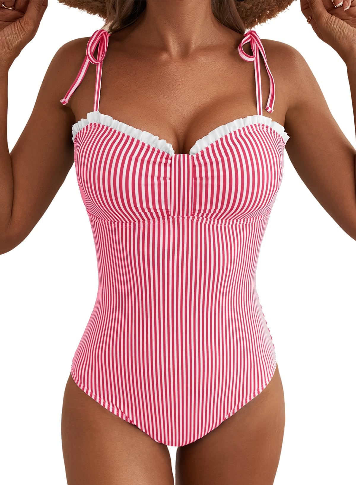Herseas Womens Striped One Piece Swimsuits Tie Shoulder High Cut Tummy Control Bathing Suit 2026 Summer Beach Swimwear
