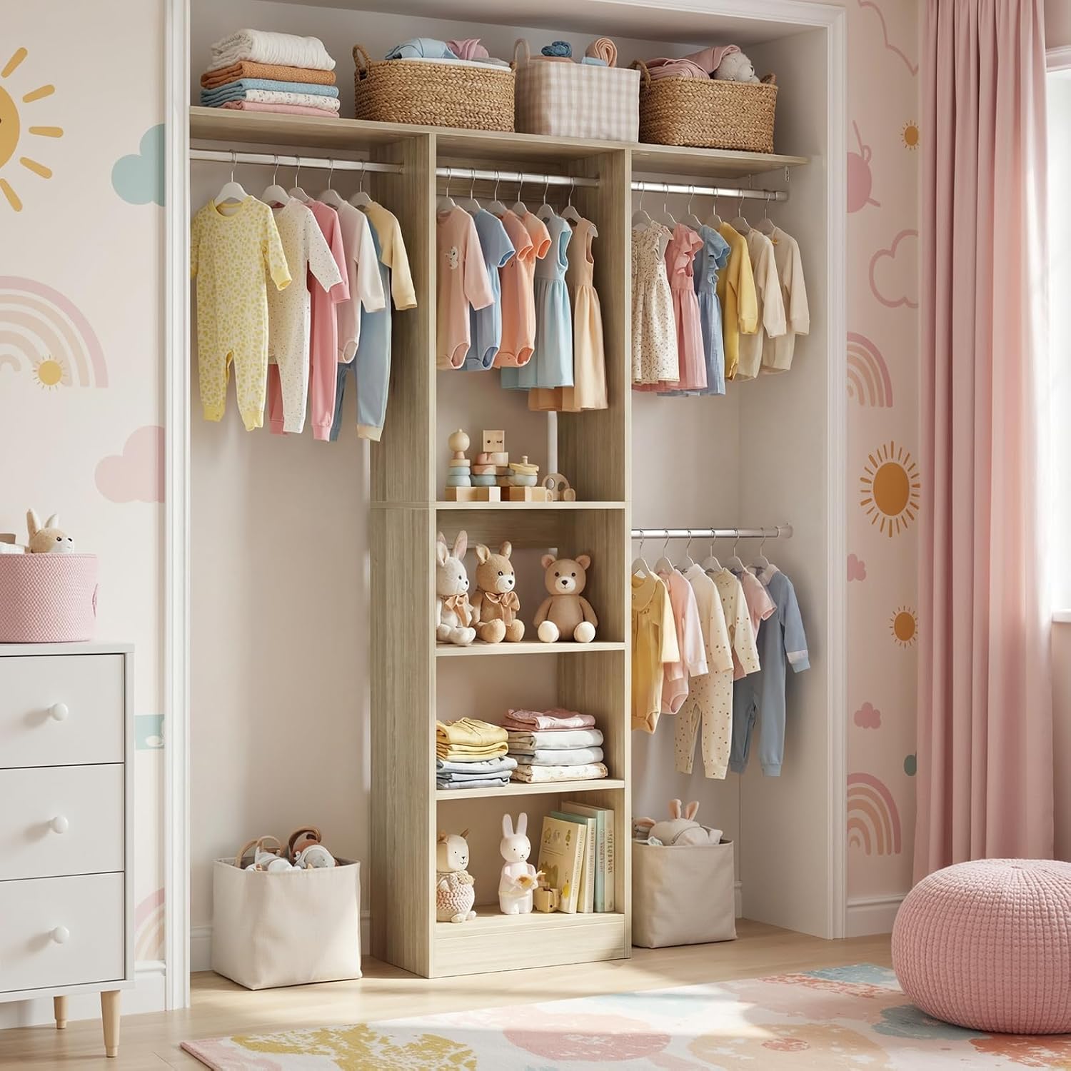 Cyclysio 4FT Small Closet System, 80"H Closet Organizer System with 4 Closets Rods & 3 Shelves, 48" Closets Organizers and Storage for Small Bedrooms, Laundry Rooms, Cloakrooms, White Oak