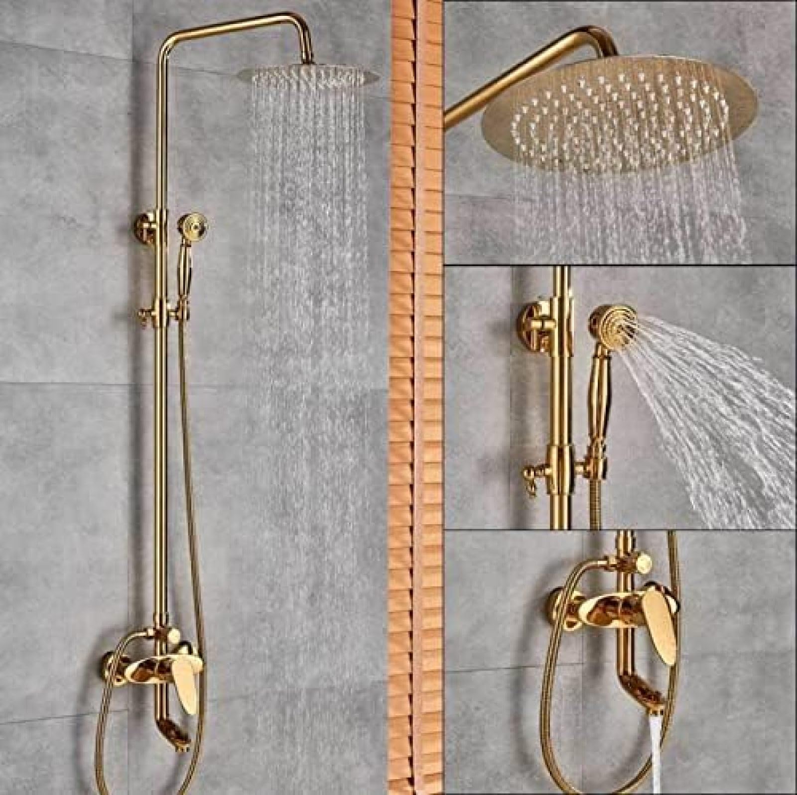 Mitigeur de douche doré avec colonne effet pluie élégante pour salle de bain chic