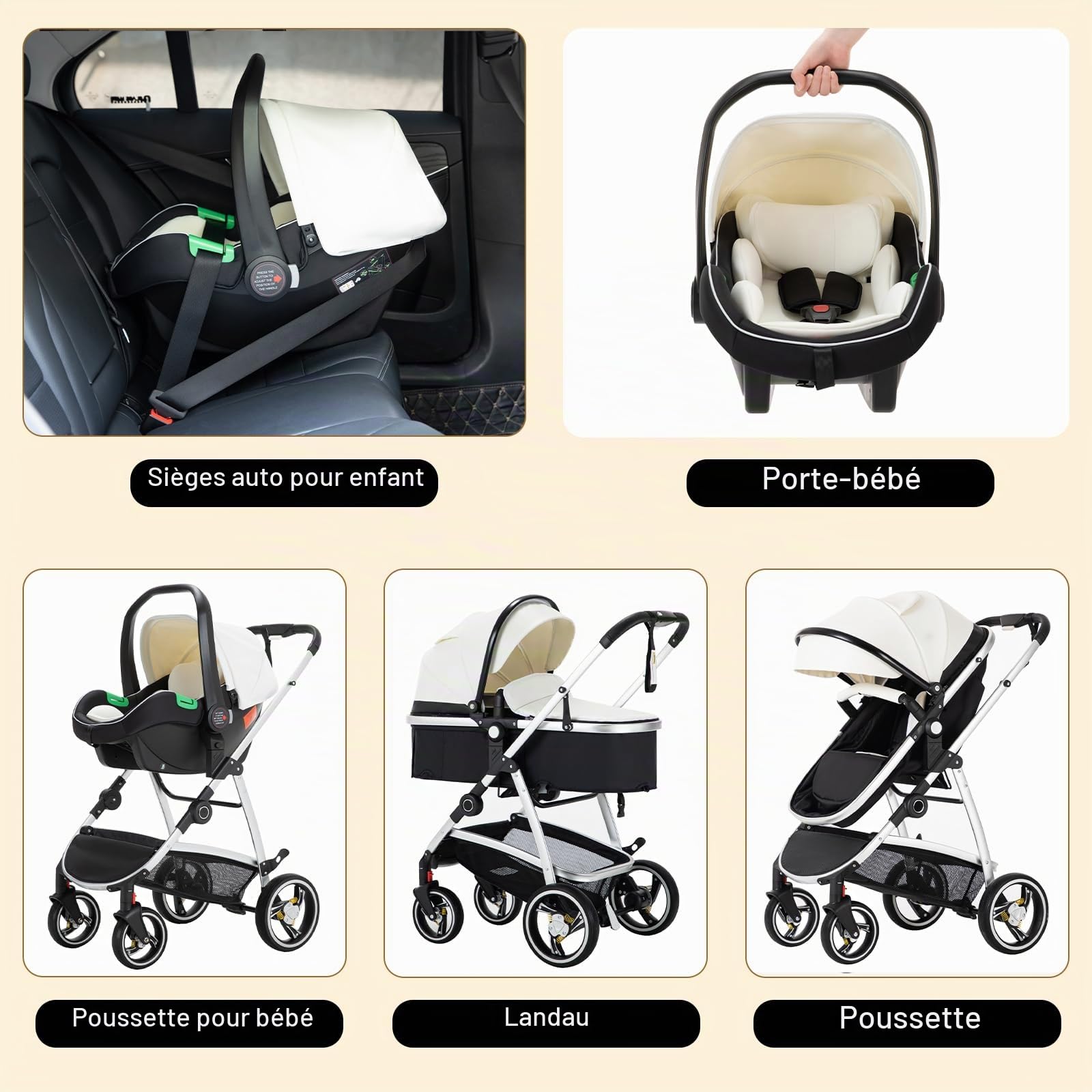 Gcarebb Poussette 3 en 1 en cuir synthétique, poussette de ville avec siège auto, canne de marche pliable en un clic, poussettes combinées paysagères, cadre en aluminium haut
