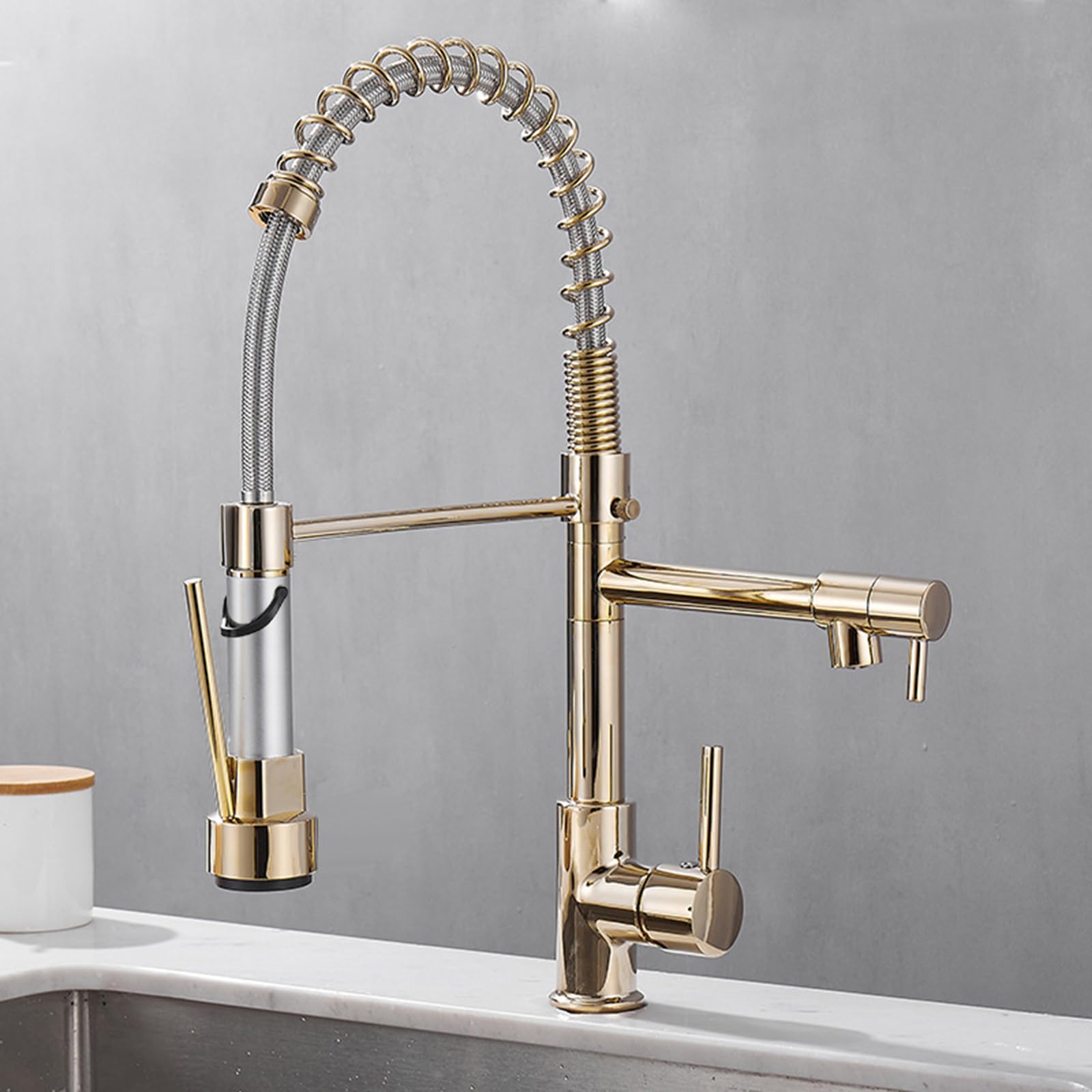 ZYCHSJXA Kitchen Tap Spring Telescopic Sprayer 360° Rotation Flexible Spout Brass-Gold