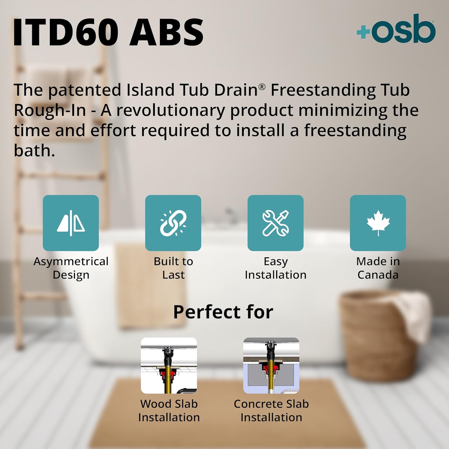 OS&B ITD60 - ABS, Island Tub Drain Rough-in for Freestanding Bathtub, Simplifies Installation, Water, Air, and Smoke Testable Tub Drain, Designed for 8"/10" Joist Space, Plumbing Supplies.