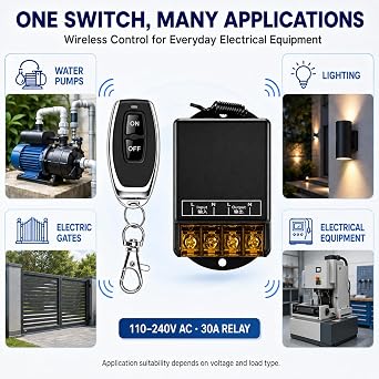 Wireless Remote Switch,110V/120V/240V /30A Relay Wireless RF Switch for Household Appliances, Pump,Lights Ceiling and Electrical Equipment with 328ft Long Range(Black)......