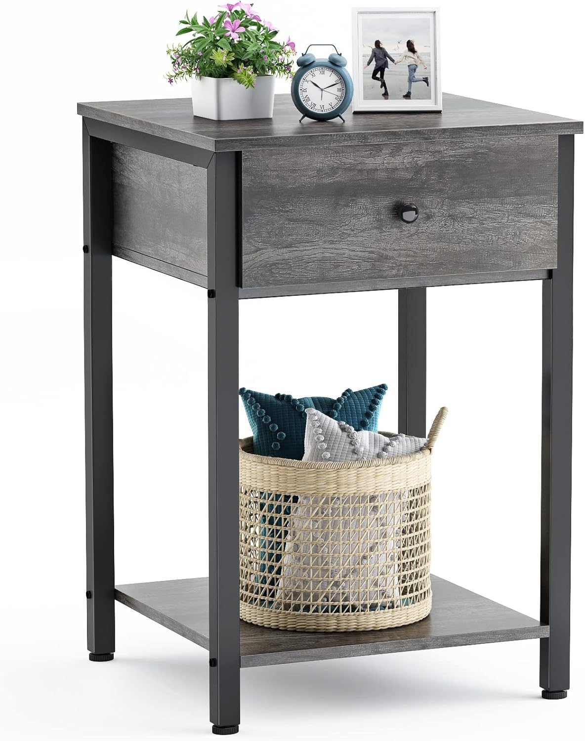 Ecoprsio Nightstand Modern End Table Side Table with Drawer and Storage Shelf Wood Night Stand Bedside Table for Bedroom, Living Room, Sofa Couch, Hall, Easy Assembly, Grey