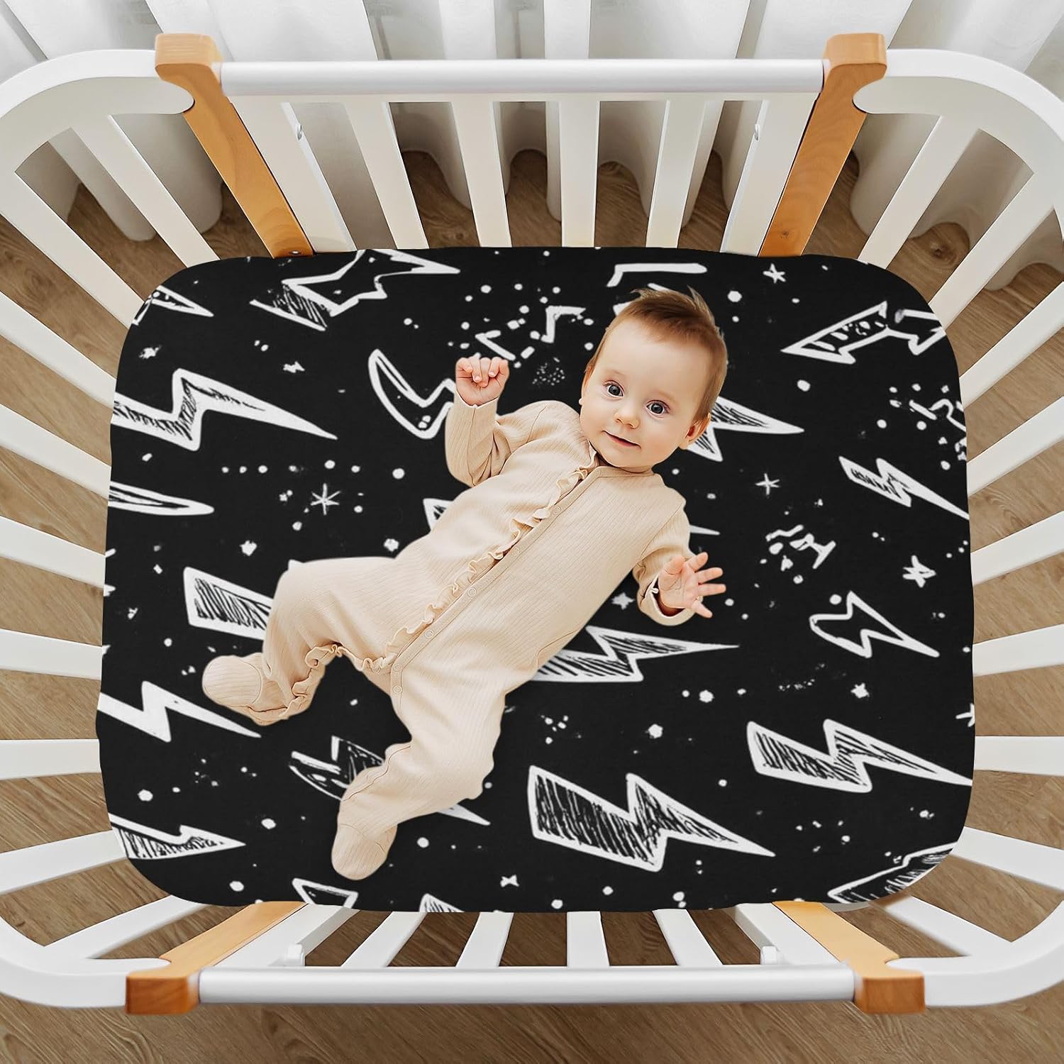 Caikeny Fitted Crib Sheet for Boys Girls Lightning Bolts Black Baby Crib Sheets Bassinet Sheets Crib Mattress Bed Sheets for Toddler Newborn Infant 52 X 28 in