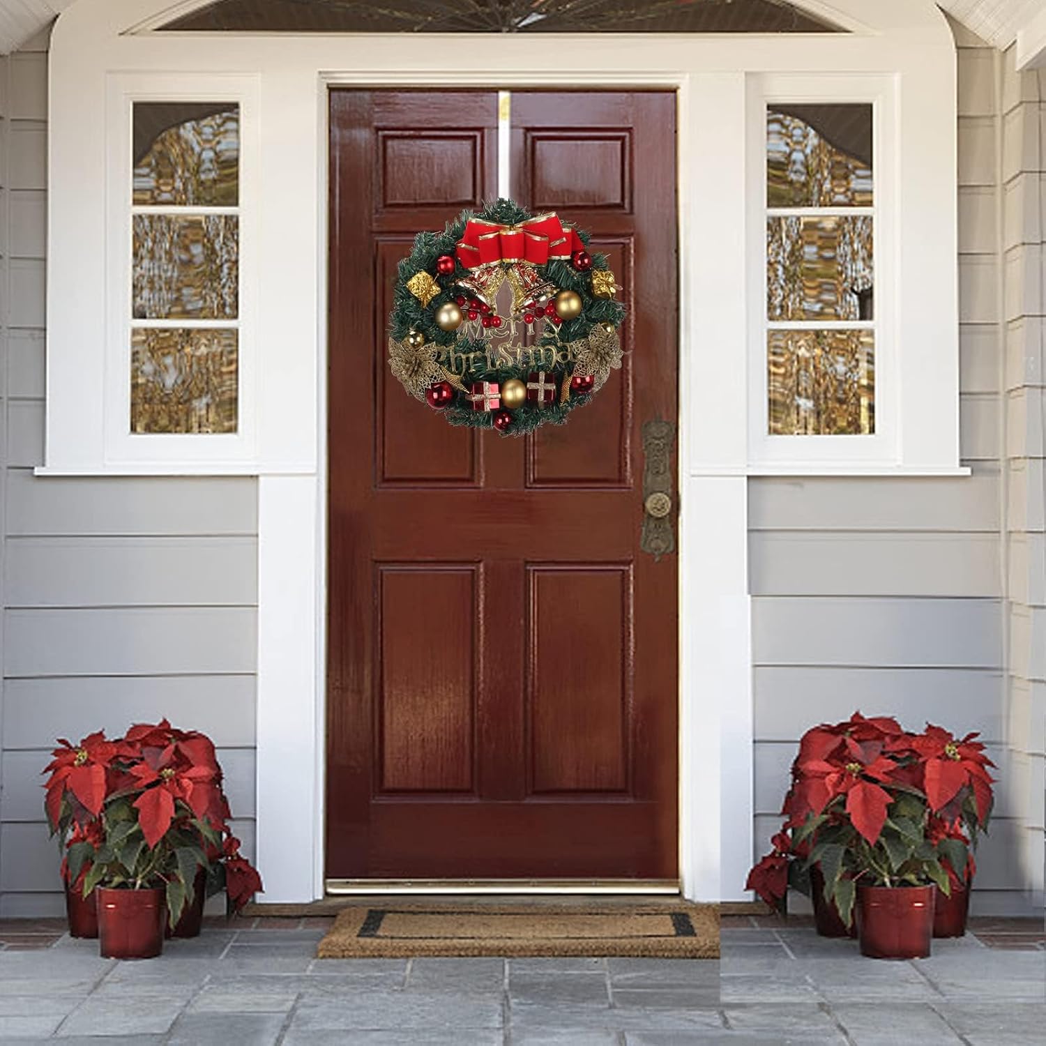 Christmas Wreath 13 inches Christmas Decoration Wreath for Door,Christmas Garland with Bells Bow Christmas Decoration Holiday Party Wedding Home Garden Decor Winter Christmas Holiday Decor (H-01)