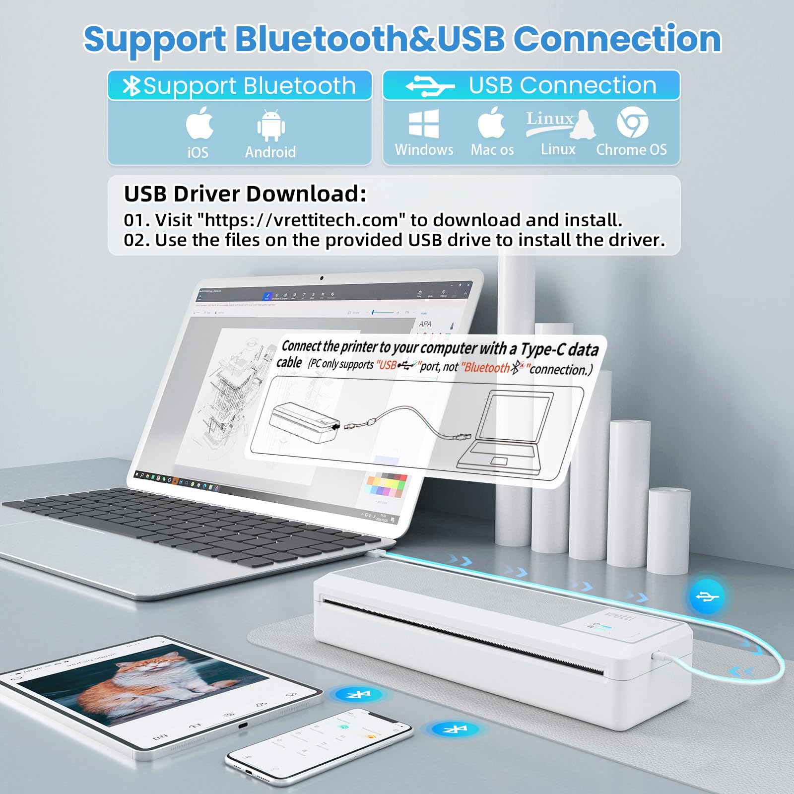 vretti Imprimante Portable Thermique sans Encre A4 Bluetooth USB