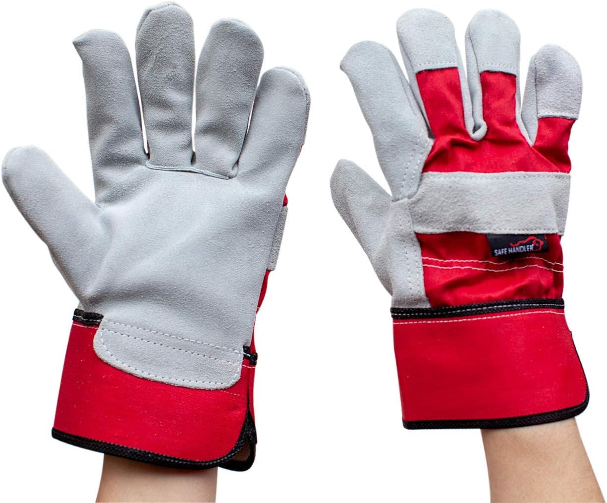 SAFE HANDLER Deluxe Work Gloves | Single Palm Split Leather, 3” Rubber Cuff, Cowhide Leather, Inner Cotton Lining, Rubberized Safety Cuff, Grade A Split Leather, 12 Pairs (24 gloves)
