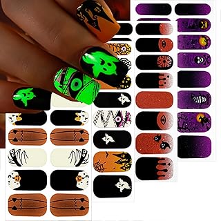 4 Sheets Halloween Gel Nail Strips Goth Letters Ghost Eye Glow in The Dark Nail Polish Strips Colorful Bling Blood French Nail Wraps Stickers Self-Adhesive Full Wrap Glossy Nail Art Stickers for Women