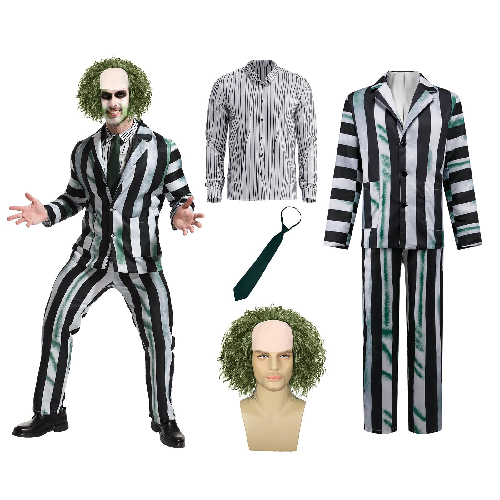 AKFJDLAD Men's Adult Halloween Horror Cosplay Costume Costume Black and White Striped Suit Set with Tie Wig (M)