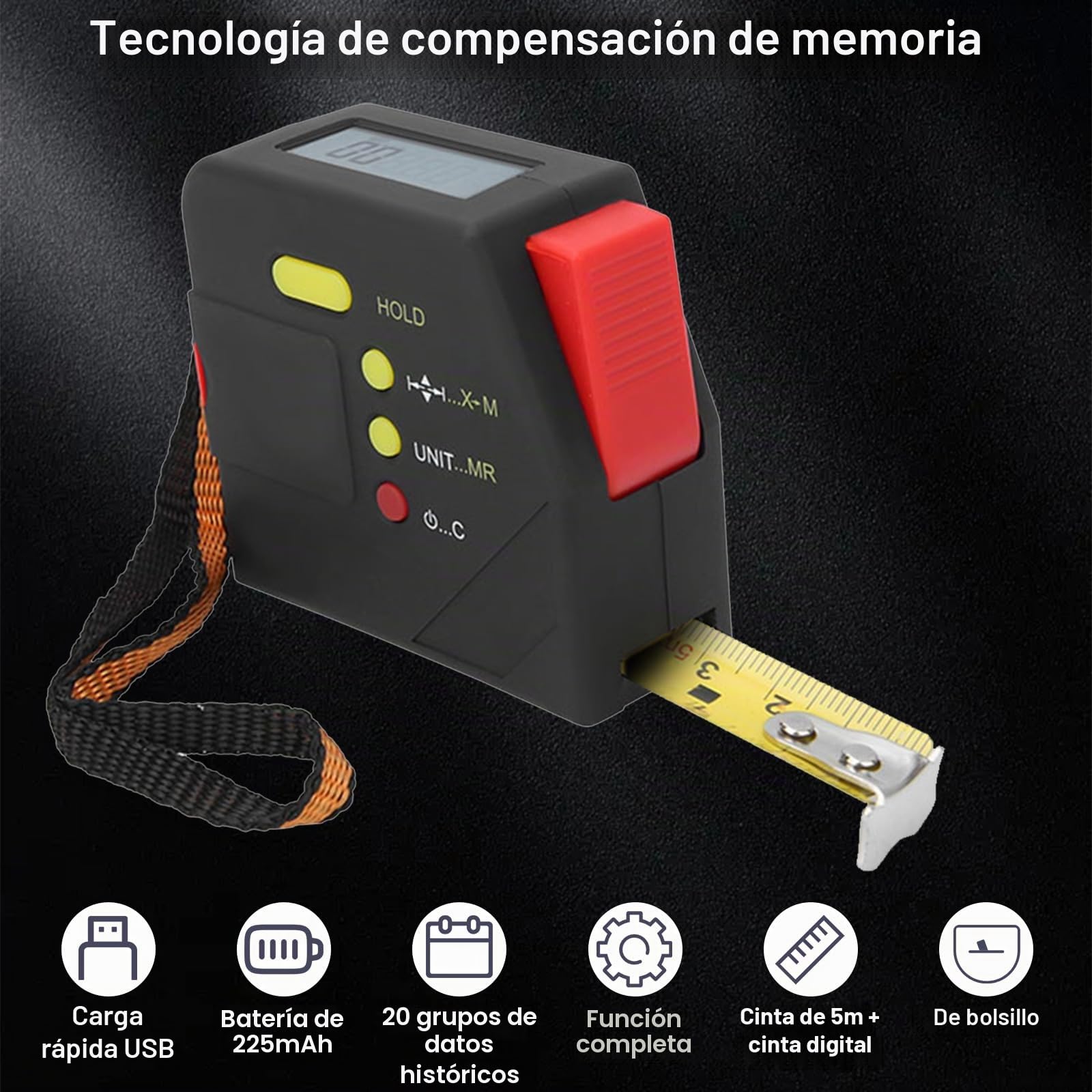 Flexometro Metro 5M Profesional de Acero Resistente, Cinta Métrica Electrónica con Pantalla HD y LCD, Medidor de Distancia Digital para Trabajar La Madera, con Función de Almacenamiento de Datos