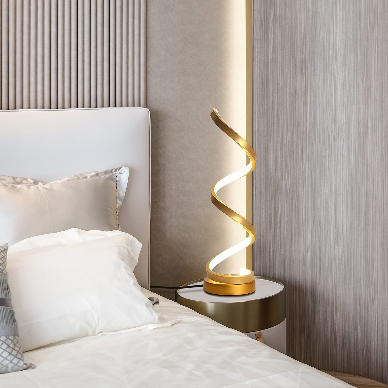 2 Pezzi Lampada da Comodino a Spirale LED Lampade da Tavolo Moderno Oro 16W 4500K Luce Naturale Protezione Degli Occhi Lampada da Scrivania Curvo Per Camera da Letto Soggiorno Spina UE 220V