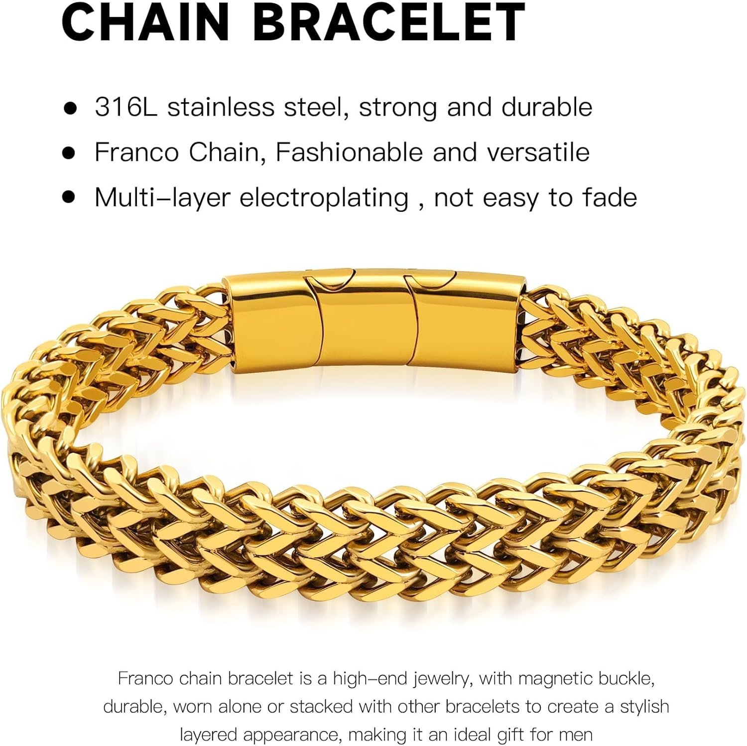 Stainless Steel Franco Chain Bracelets for Men - 6mm/8mm/10mm/12mm Width, 7.5"/8.3" Length, Black & 18K Metal, Durable and Adjustable Cuban Link Bracelet - Image 3