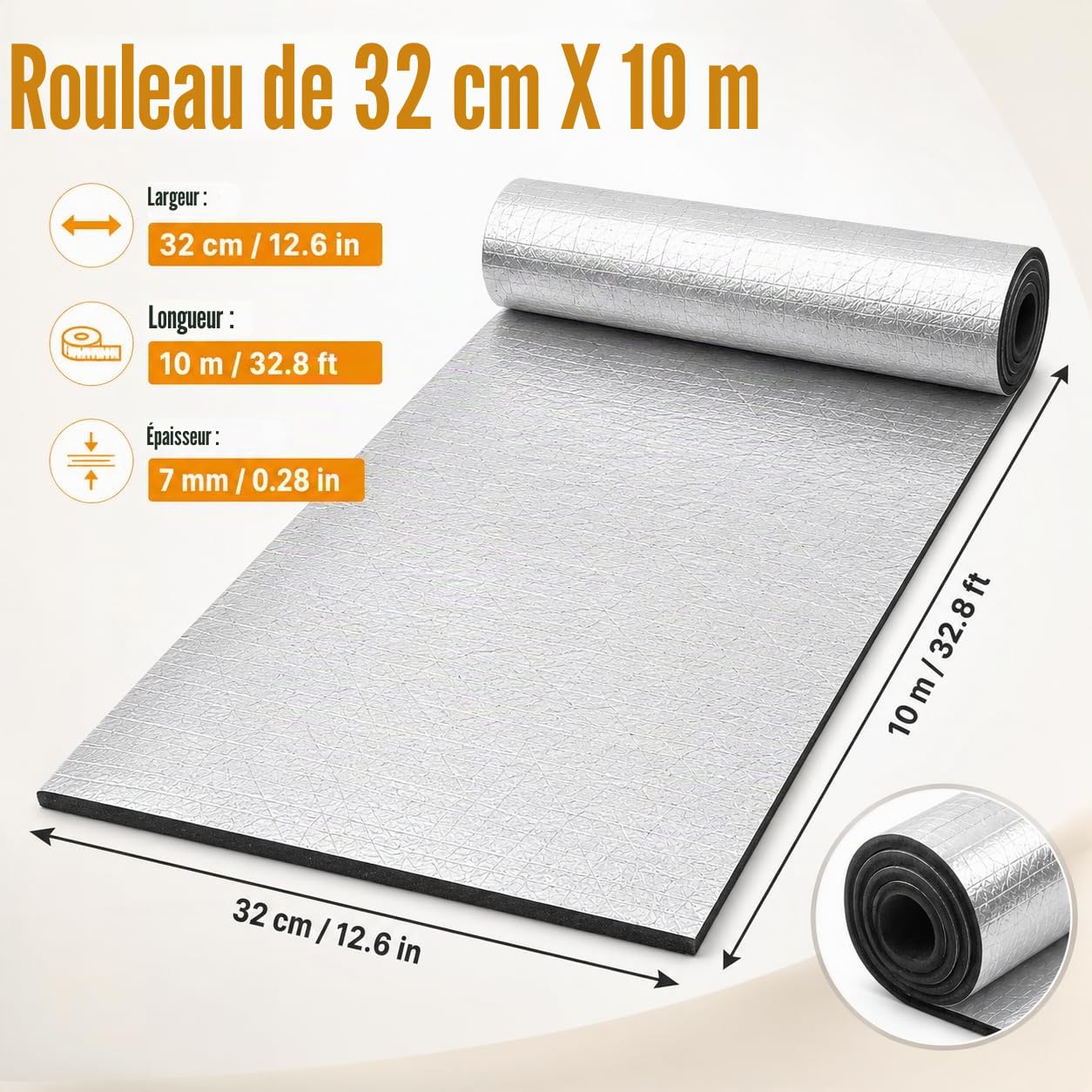 Isolant Thermique Autocollant, Feuille Isolante Phonique et Thermique, 7mm Aluminium Autoadhésif pour Loft, Sol, Mur, 32cm x 10m