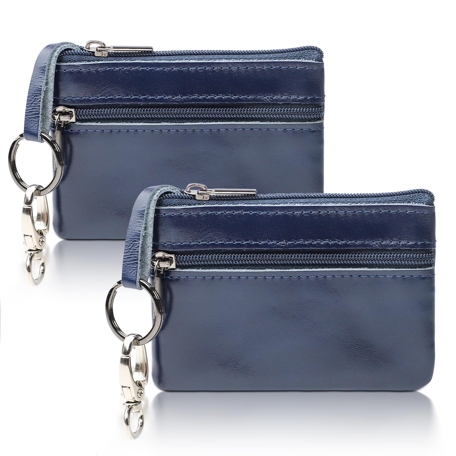 TPTGIAR 2 Mini Cuero Monedero, Estuche de Cuero Genuino para Llave, Monedero con Compartimentos y Llavero para Hombre y Mujer, Mini Cartera de Piel con Cremallera - Azul